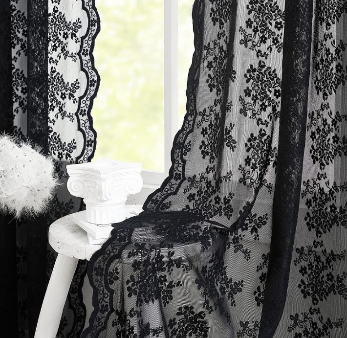 Black Sheer Curtains - 84 Inch Long Old Fashion Goth Curtains for Living Room Victorian Black Lace Window Curtains with Rod Pocket