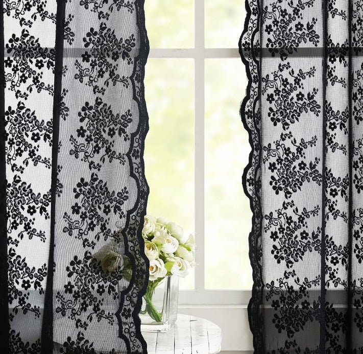 Black Sheer Curtains - 84 Inch Long Old Fashion Goth Curtains for Living Room Victorian Black Lace Window Curtains with Rod Pocket