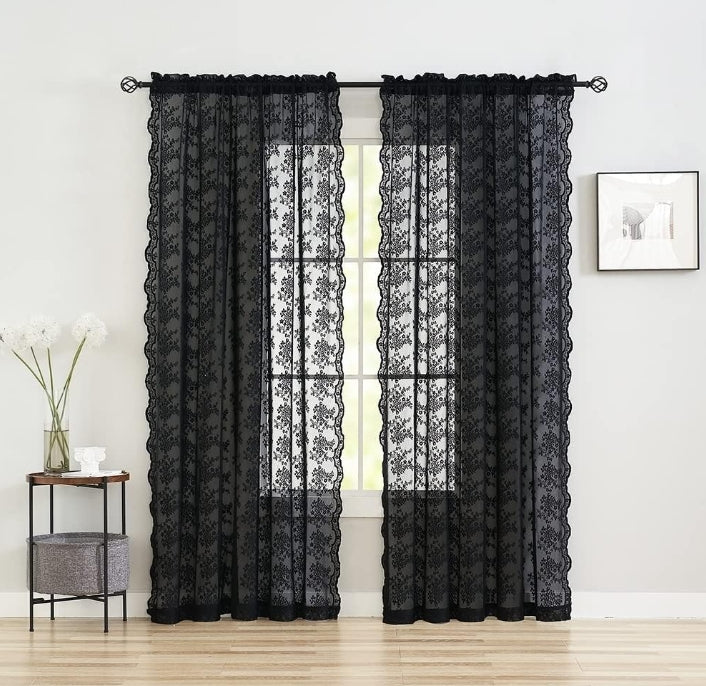 Black Sheer Curtains - 84 Inch Long Old Fashion Goth Curtains for Living Room Victorian Black Lace Window Curtains with Rod Pocket