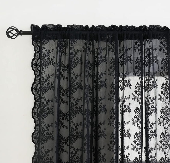 Black Sheer Curtains - 84 Inch Long Old Fashion Goth Curtains for Living Room Victorian Black Lace Window Curtains with Rod Pocket