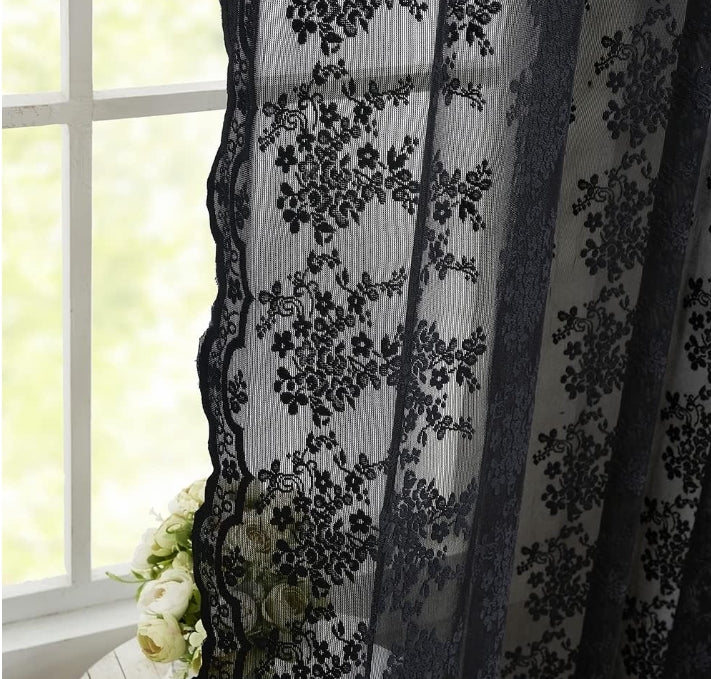 Black Sheer Curtains - 84 Inch Long Old Fashion Goth Curtains for Living Room Victorian Black Lace Window Curtains with Rod Pocket