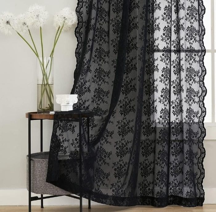 Black Sheer Curtains - 84 Inch Long Old Fashion Goth Curtains for Living Room Victorian Black Lace Window Curtains with Rod Pocket