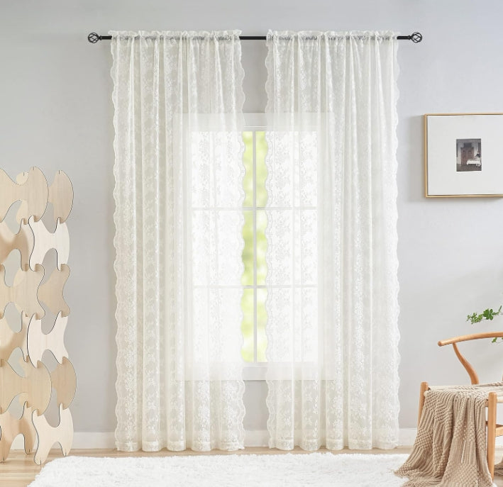 Vintage Lace Curtains 84 Inches Long-Romantic Flowers and Branch Sheer Lacy Curtains for Living Room French Door 1 Pair Rod Pocket, 52 x 84 Inch Ivory