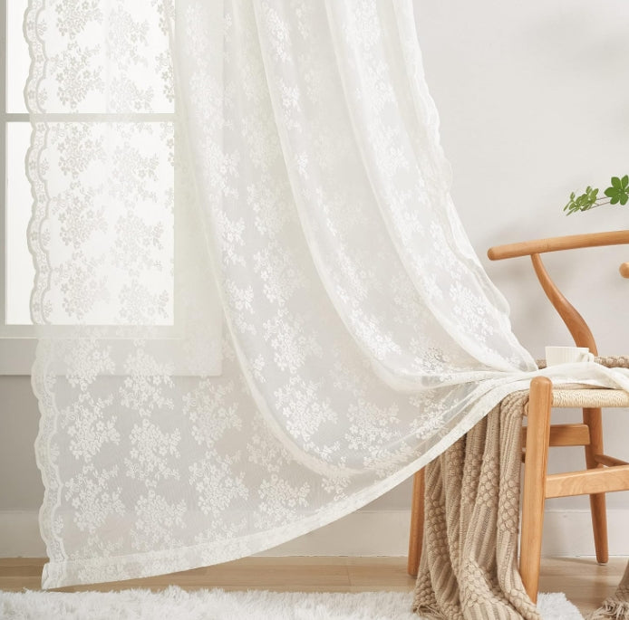 Vintage Lace Curtains 84 Inches Long-Romantic Flowers and Branch Sheer Lacy Curtains for Living Room French Door 1 Pair Rod Pocket, 52 x 84 Inch Ivory