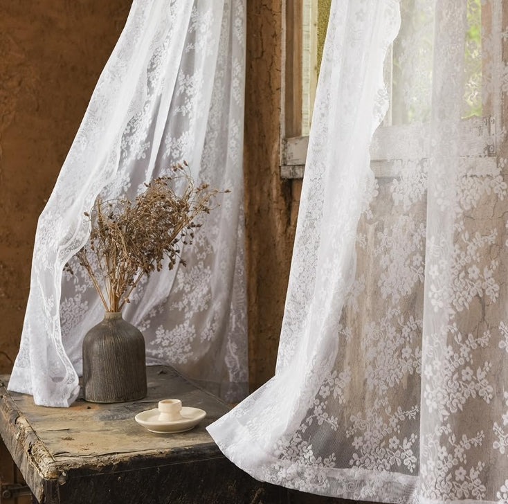 White Sheer Curtains 108 inches Long Set of 2 Embroidered Farmhouse Extra Floor to Ceiling Lace Voile for Patio Sliding Door Living Room Privacy 9ft 104 Wide Panels