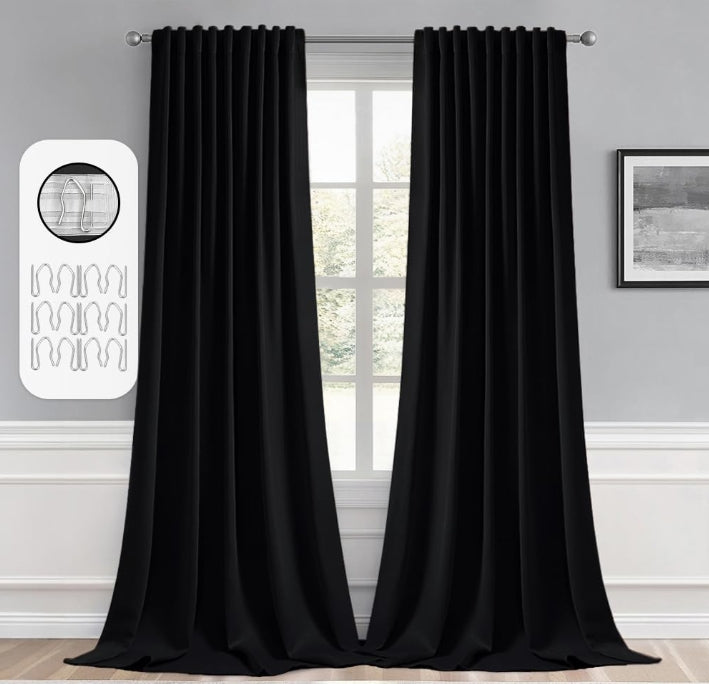 2 Panels Back Tab Blackout Curtains 96 Inch Long for Living Room Bedroom, Halloween Black Rod Pocket/Pinch Pleated Thermal Insulated Room Darkening Light Blocking Floor to Ceiling Curtain/Drape