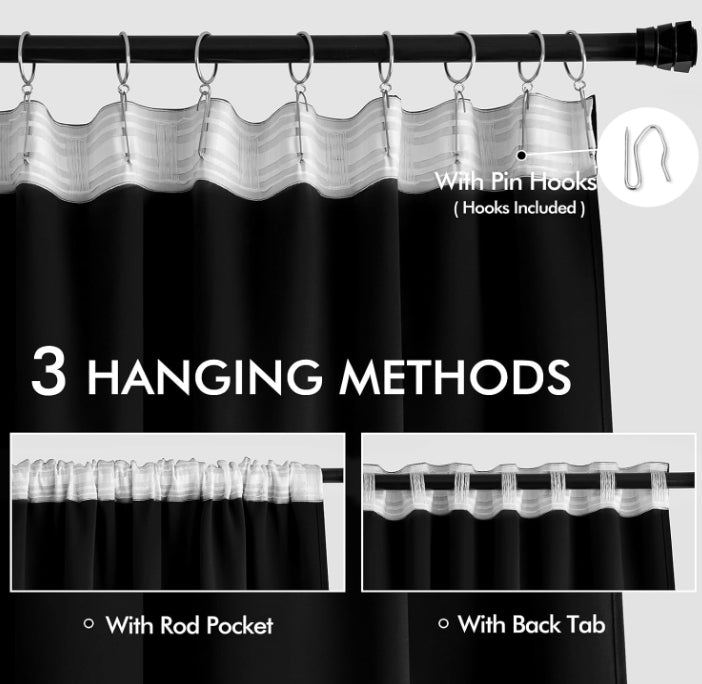 2 Panels Back Tab Blackout Curtains 96 Inch Long for Living Room Bedroom, Halloween Black Rod Pocket/Pinch Pleated Thermal Insulated Room Darkening Light Blocking Floor to Ceiling Curtain/Drape